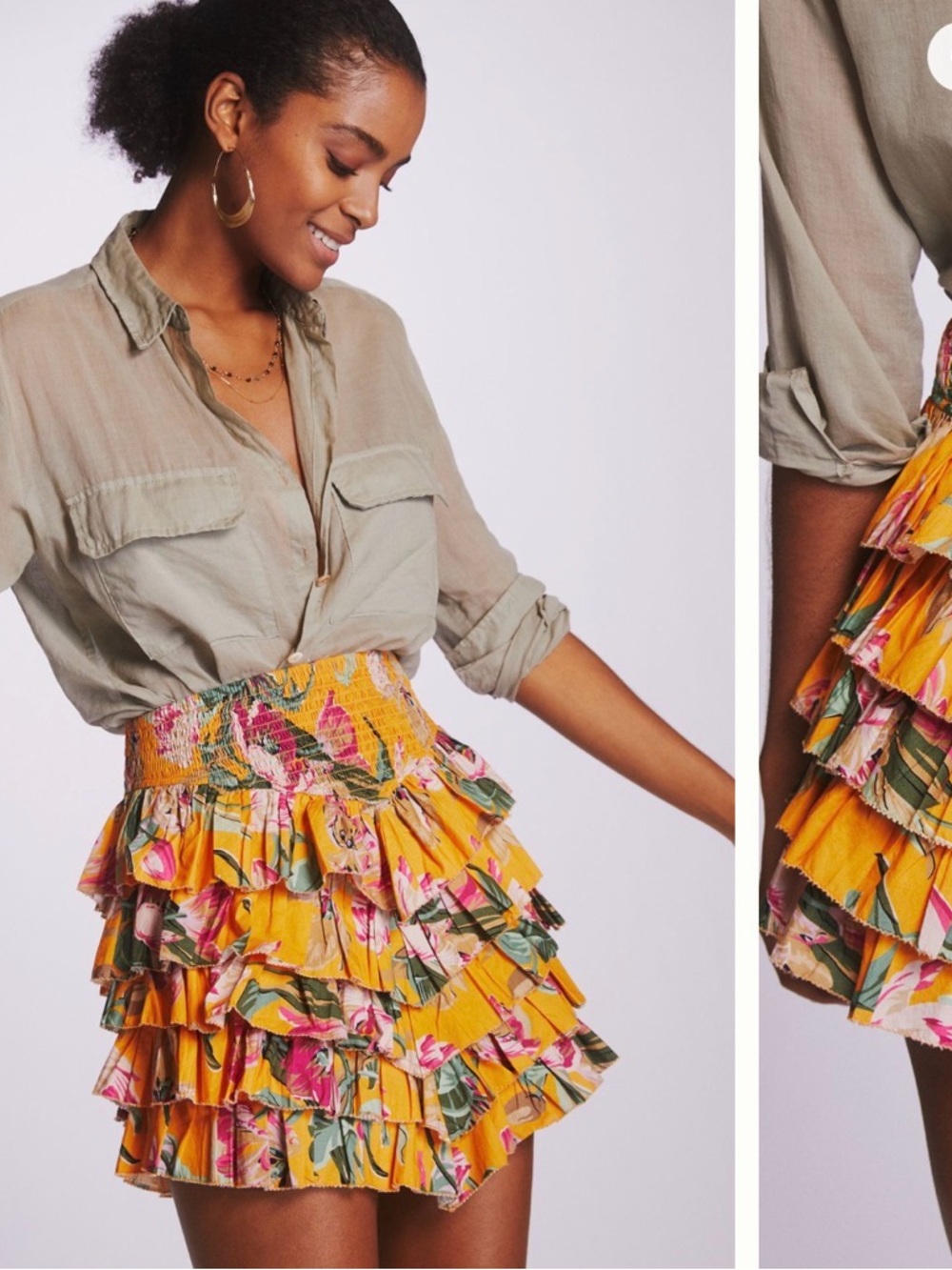 Floral Ruffle Mini Skirt - Yellow Pink Green